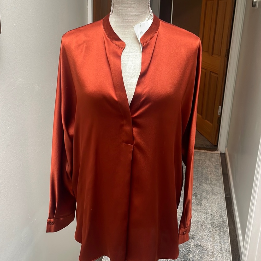 Vince 100% banded silk blouse in burnt orange